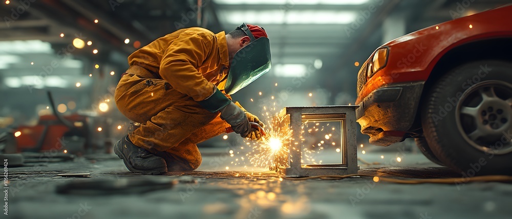 Poster a welder works on metal in a workshop, creating sparks and focusing on the task.
