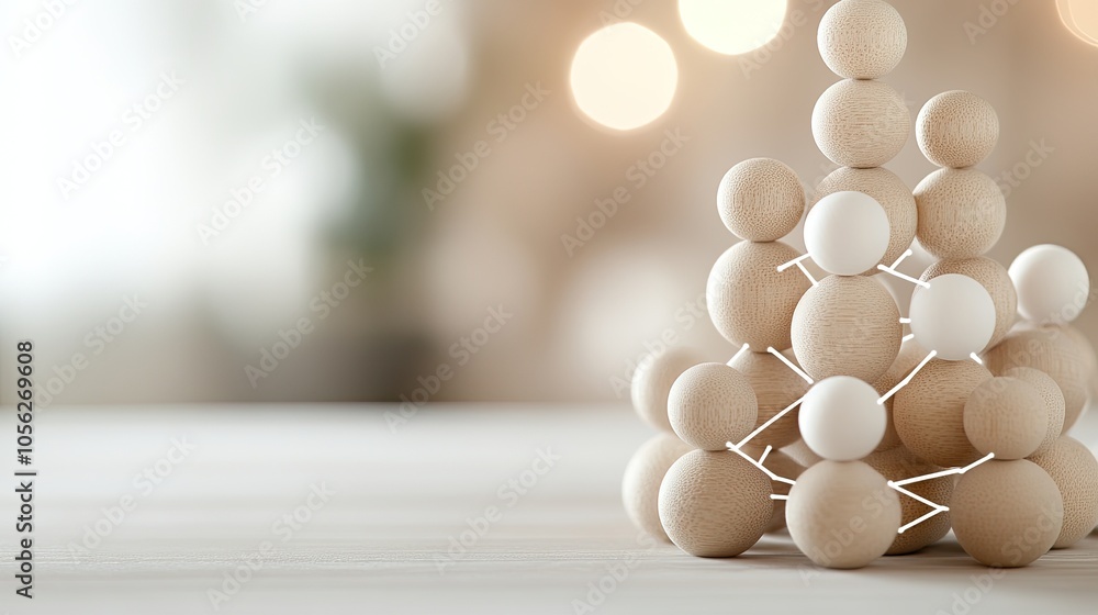 Poster wooden figures linked by white circles illustrate a network concept representing teamwork and collab