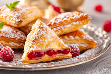 Golden-brown pastries, generously filled with sweet cherry filling, are artfully displayed on a silver plate. Fresh raspberries accompany this delightful treat, creating a warm, inviting atmosphere