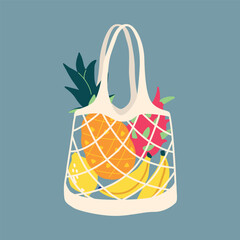 Vector hand drawn eco-friendly shopping bag with fruits, banana, pineapple, lemon and dragon fruit trendy flat illustrations. Stylish modern art poster for mindful shopping.