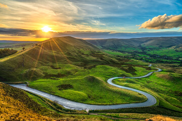 Serpentine Road at sunset in Peak District. England
