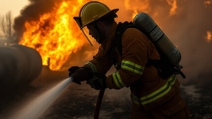 Naklejka premium Firefighter extinguishes flames with fire extinguisher during emergency response at night 