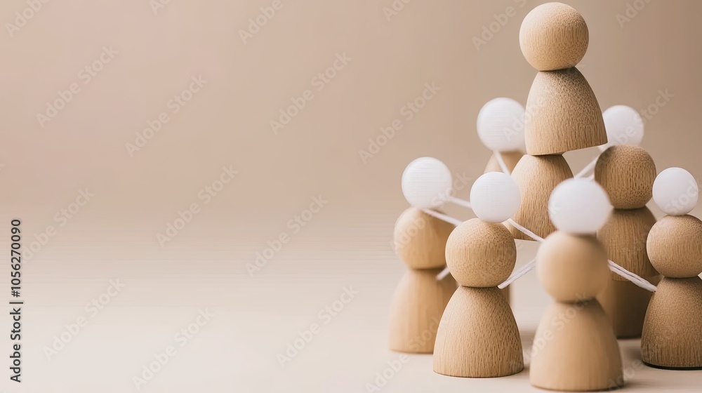 Poster wooden figures linked by white circles illustrate a network concept representing teamwork and collab