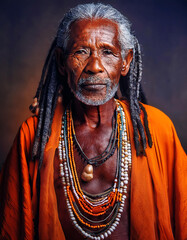 Fototapeta premium An elderly black indigenous man in an orange robe and several beaded necklaces. Generative AI