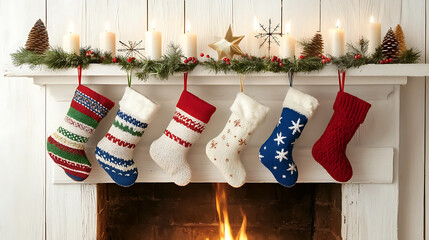 Cozy Christmas stockings hang by warm fireplace, adorned with festive candles and pinecones, creating joyful holiday atmosphere
