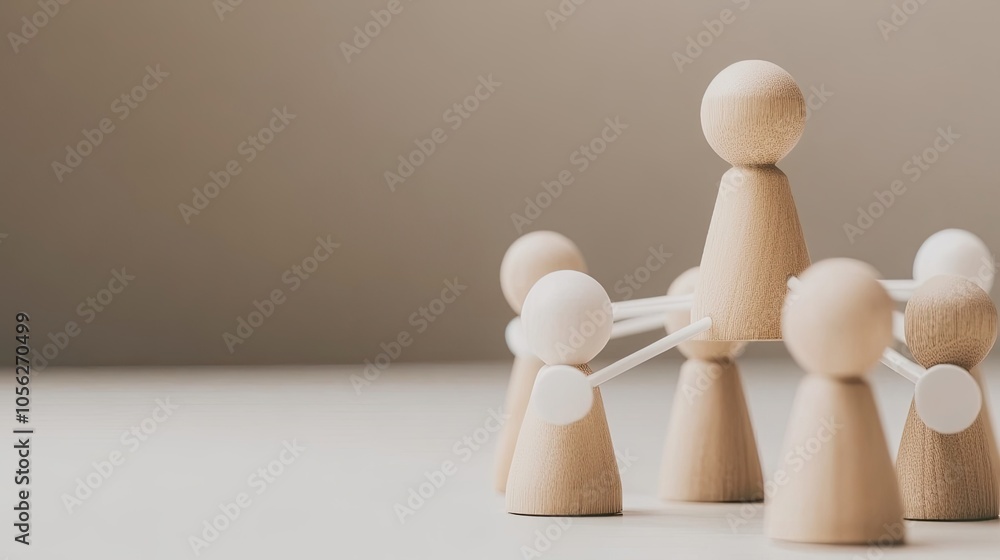 Aufkleber wooden figures linked by white circles illustrate a network concept representing teamwork and collab