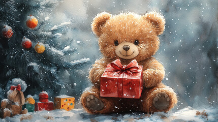 hand-drawn cute Teddy Bear with a gift on a Christmas background
