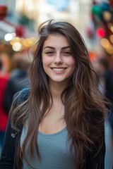 Fototapeta premium A 20-year-old beautiful brunette French supermodel standing in a downtown plaza, smiling at the camera