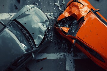 Two cars collide in a serious accident on a city street, showcasing significant damage and debris