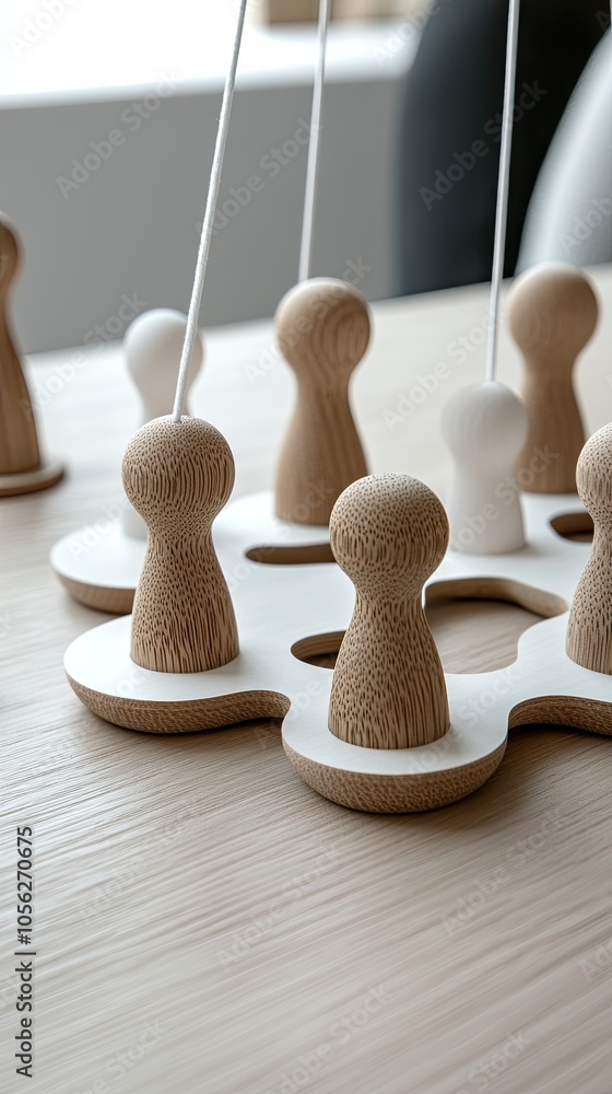 Aufkleber wooden figures linked by white circles illustrate a network concept representing teamwork and collab