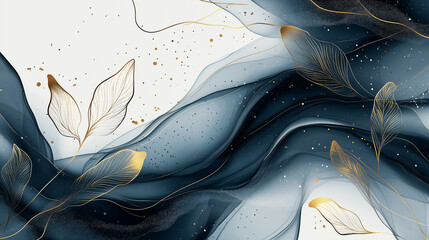 Naklejka premium Abstract art background vector. Luxury minimalist style wallpaper with gold line art flowers and plants leaves, watercolor painting