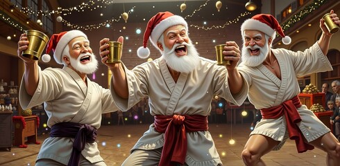 Three santa claus men in karate attire dancing with beer glasses