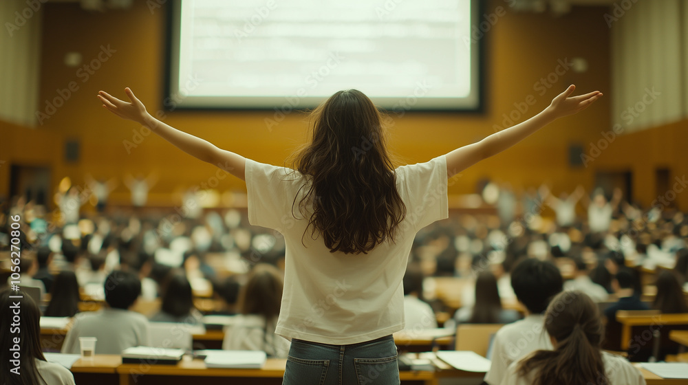 Poster college student stands confidently with arms raised in large lecture hall, engaging with diverse aud