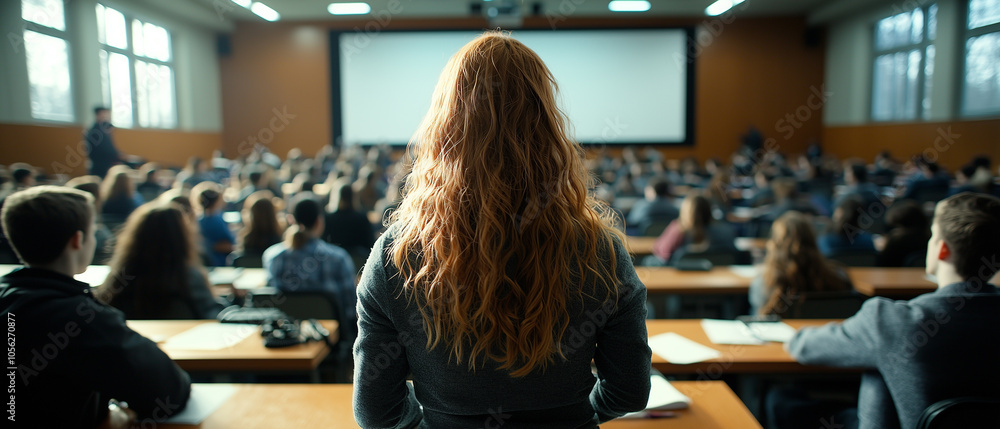 Aufkleber student with long hair attentively listens in large lecture hall filled with peers, creating atmosph