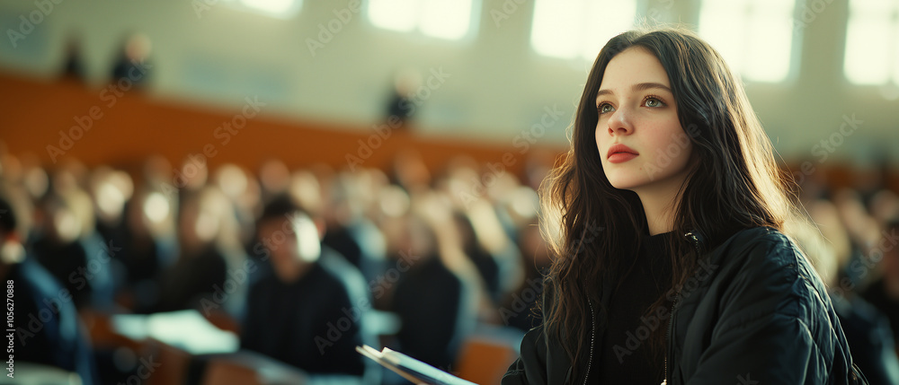 Aufkleber focused college student attentively listens during lecture in large classroom. atmosphere is studiou