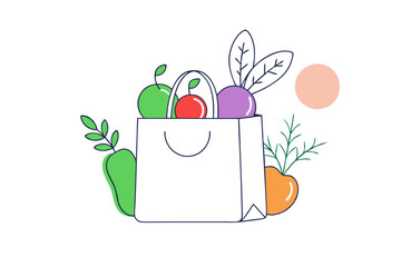 Organic Goodness Line Drawing of a Vegetable-Filled Shopping Bag