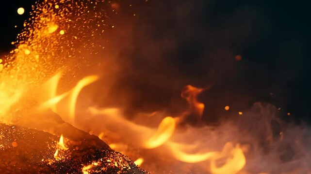 A close-up of embers and flames dancing in the night