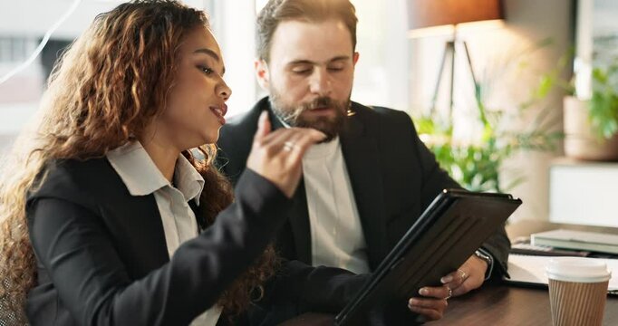 Business people, team and meeting with tablet for collaboration, company policy or procedures at office. Businessman, woman or colleagues with technology for discussion, report or plan at workplace