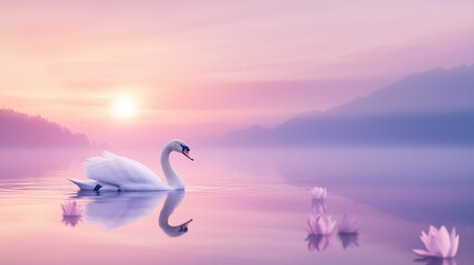 Fototapeta premium A graceful white swan gliding smoothly across the surface of a still lake, its reflection perfectly mirrored in the water, with a soft pink and purple sky from the setting sun