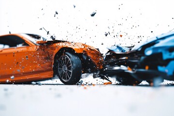 Two cars collide in a serious accident on a city street, showcasing significant damage and debris