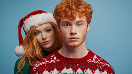 Xmas vibes - holiday season - merry christmas - happy smiling young credhead ouple wearing ugly christmas sweater waiting for Santa Claus - horizontal banner