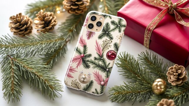 A christmas tree iphone case with a red gift box and pine cones