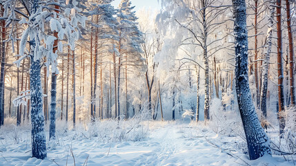 A winter forest landscape with snow-covered trees