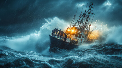 A small fishing boat battles powerful waves in the midst of a raging storm, with dark clouds and heavy rain all around.