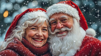 A man and woman dressed as Santa Claus pose for a picture