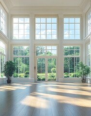 Fototapeta premium Bright, spacious room with large windows and a view of greenery outside.