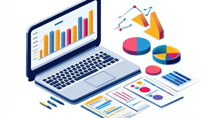 Laptop displaying data visualization software with analytical tools and documents, representing in-depth business research