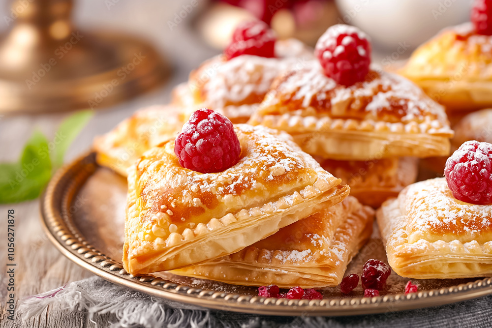 Poster a delightful array of golden puff pastries sits on a decorative tray, each adorned with a fresh rasp