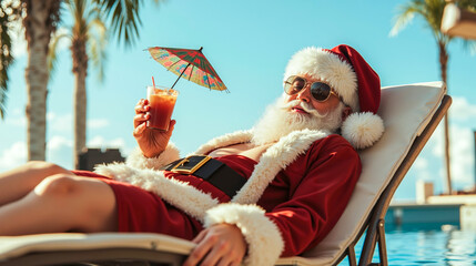 A man dressed as Santa Claus relaxing by a pool with a drink