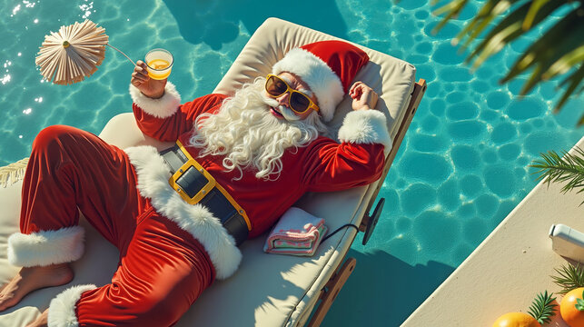A man dressed as Santa Claus relaxing by a pool with a drink