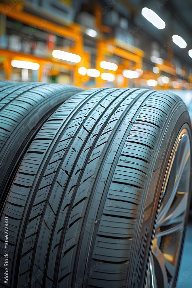 Poster close-up of two tires showcasing tread patterns in a workshop setting.