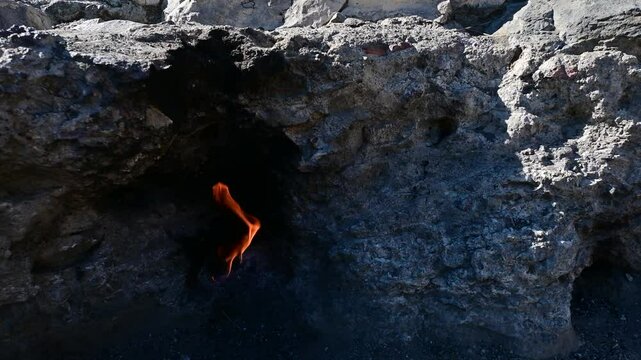 Natural flames emerge from rocks at Yanartas in Antalya&rsquo;s Olympos National Park, an ancient site with continuous fires fueled by natural gas.
