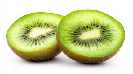 Fototapeta premium Close-up of Fresh Kiwi Fruit Halves on White Background