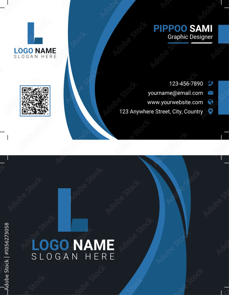 Fototapete blue business card design #1 (size 3,5 in x 2 in with bleed 0,125 in - front and back sides - 100% v