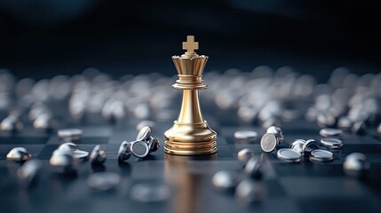 A striking golden chess king stands tall surrounded by fallen silver pieces on a dark backdrop, representing business triumph and leadership