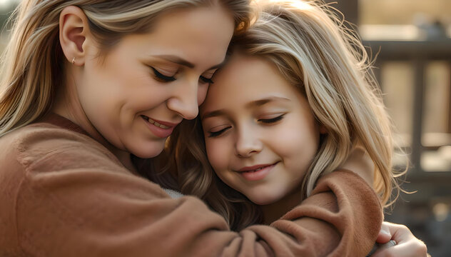A serene moment of affection unfolds between a woman and child, enveloped in warmth and gentle light, capturing the essence of love and connection in their embrace