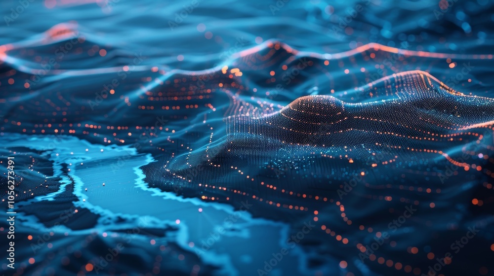 Poster complex digital landscape glowing with futuristic data streams flowing across a dynamic topography, 