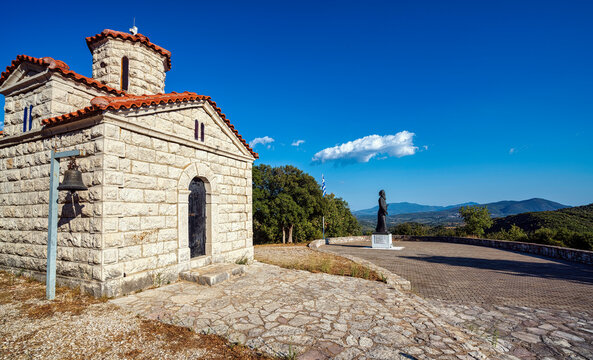 Stone Chapel and Papaflessas Statue in Maniaki, Greece