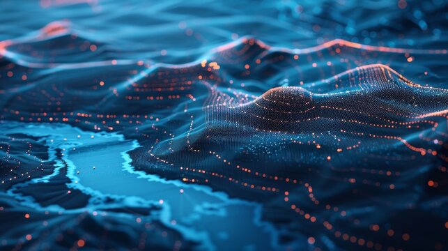 Complex digital landscape glowing with futuristic data streams flowing across a dynamic topography, representing technological advancements in cartography and geographic information systems