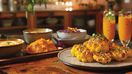 Roasted cauliflower with herbs and spices on a grey plate, surrounded by bowls of soup and mashed sweet potatoes. The image was taken at a restaurant during dinner