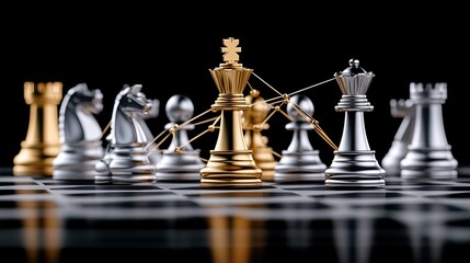 A striking golden chess piece stands amongst interconnected silver pieces, symbolizing strategy and innovation in a digital landscape