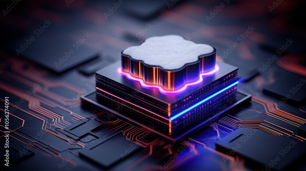 Poster futuristic cloud computing concept with glowing neon accents showcasing a memory chip on a circuit b