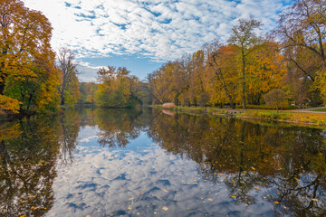 Poland capital city Warsaw Royal Lazienki Park trees decorated with autumn colors and leaves and flowers with detail shots