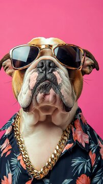 Bulldog posing wearing sunglasses and gold chain