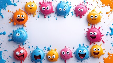very funny emoticons in the form of colored liquid on a white wall. Colored paints smeared on a white background in the form of splashes and drops