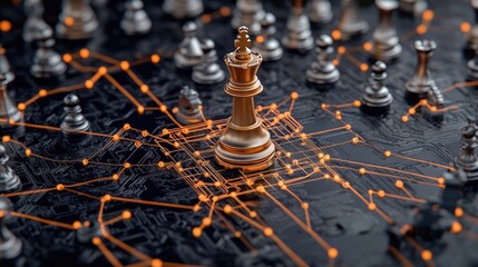 A striking golden chess piece stands amongst interconnected silver pieces, symbolizing strategy and innovation in a digital landscape
